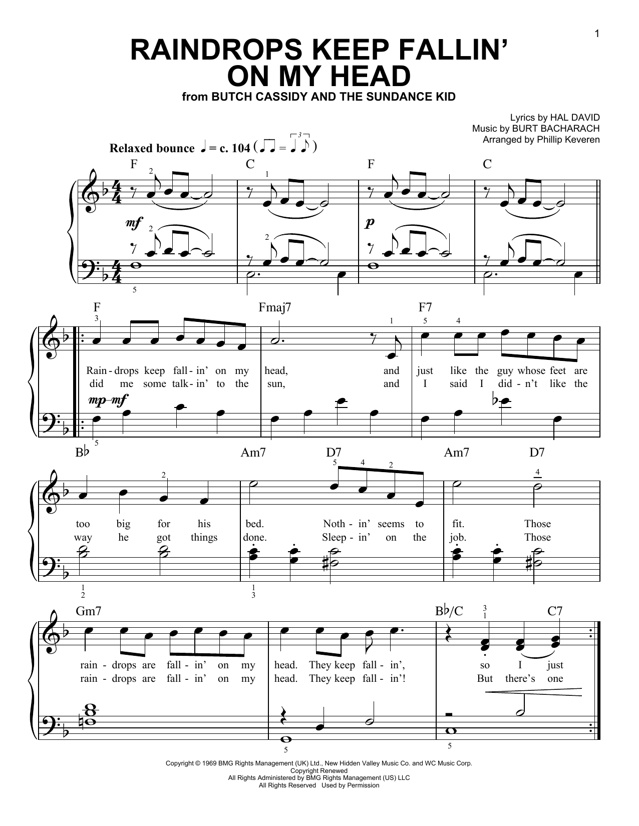 B.J. Thomas Raindrops Keep Fallin' On My Head (arr. Phillip Keveren) sheet music notes and chords. Download Printable PDF.