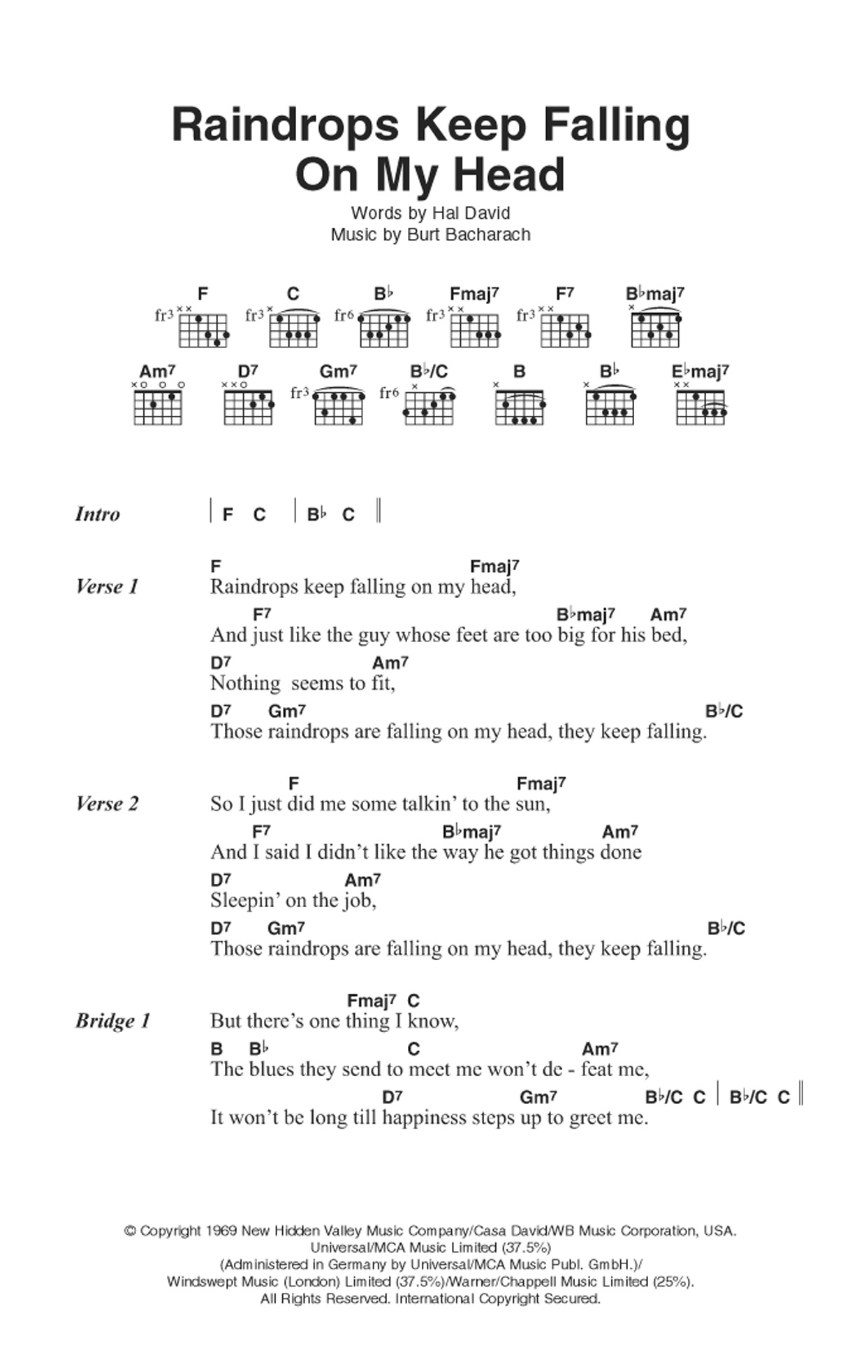 Burt Bacharach Raindrops Keep Falling On My Head sheet music notes and chords. Download Printable PDF.