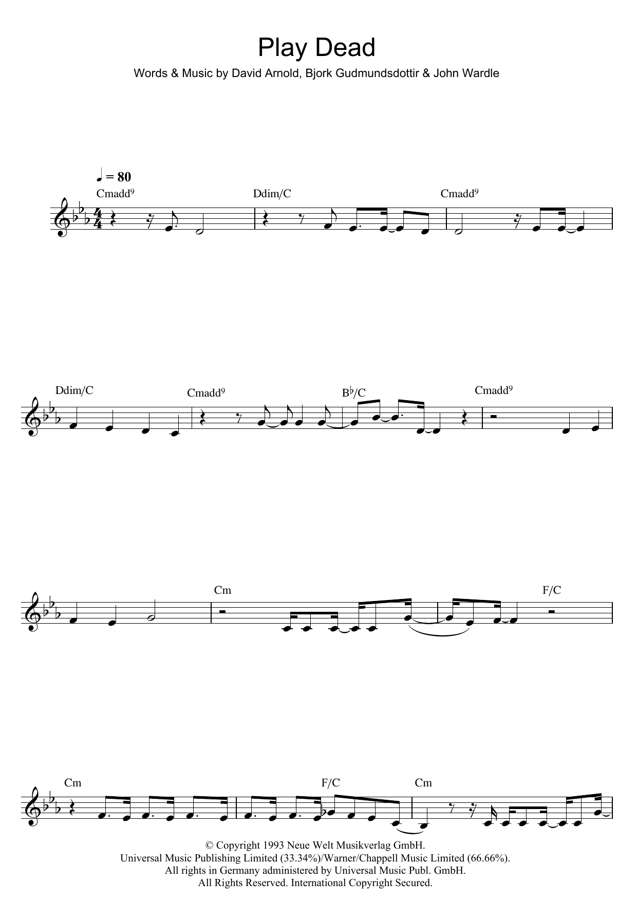 Bjork Play Dead sheet music notes and chords. Download Printable PDF.