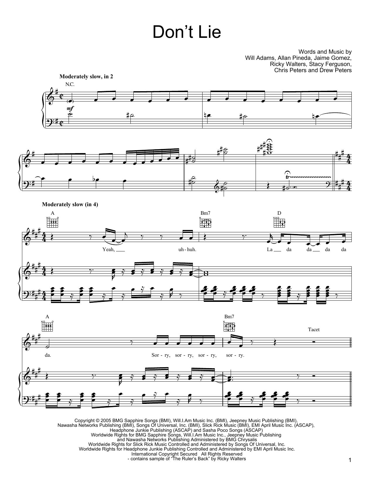 Learn to play Black Eyed Peas Don't Lie sheet music for Piano, Vocal & Guitar Chords (Right-Hand Melody) in minutes. Price: 7.8900$ Black Eyed Peas Don't Lie sheet music notes and chords arranged for Piano, Vocal & Guitar Chords (Right-Hand Melody)