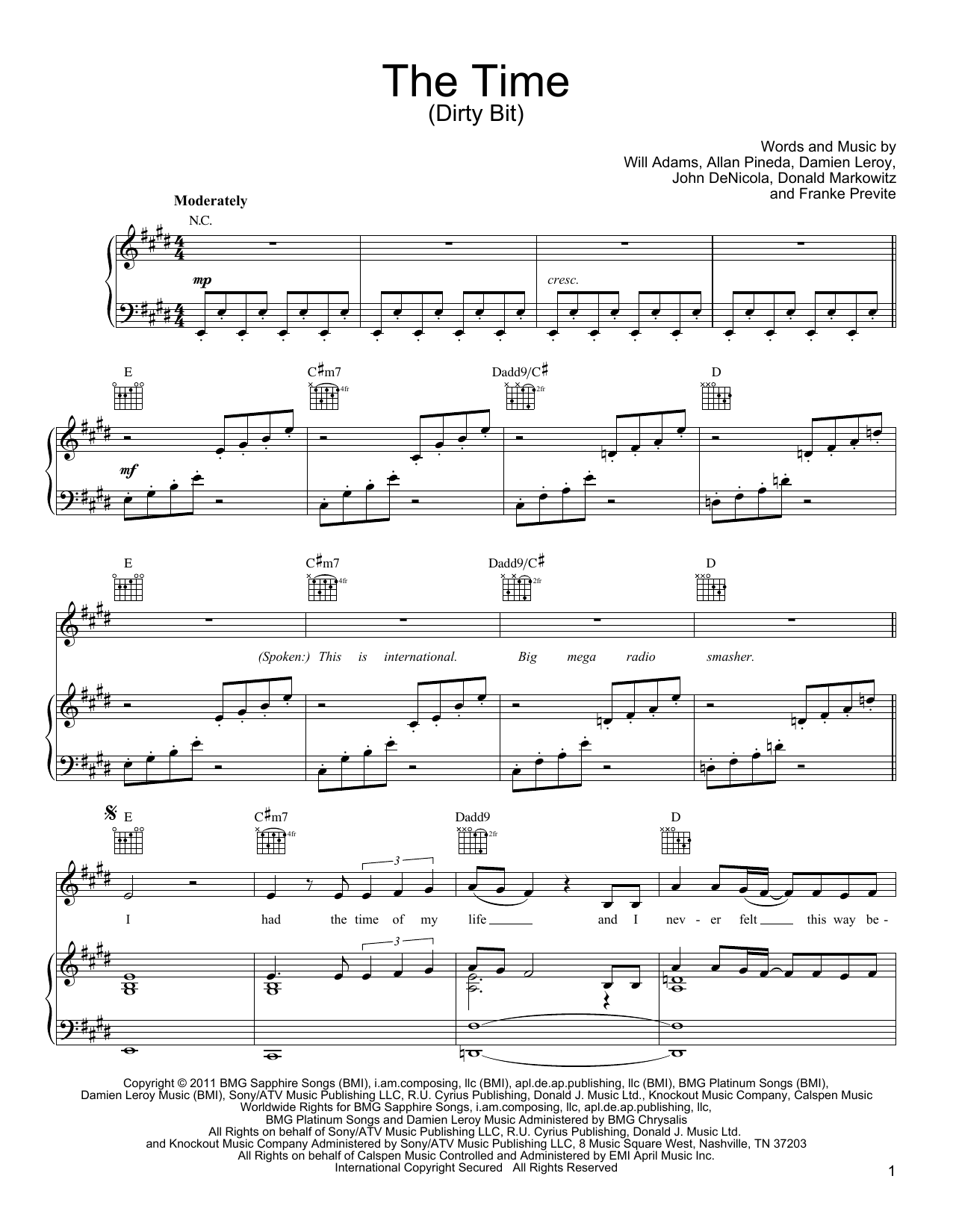 Learn to play Black Eyed Peas The Time (Dirty Bit) sheet music for Piano, Vocal & Guitar Chords (Right-Hand Melody) in minutes. Price: 7.8900$ Black Eyed Peas The Time (Dirty Bit) sheet music notes and chords arranged for Piano, Vocal & Guitar Chords (Right-Hand Melody)