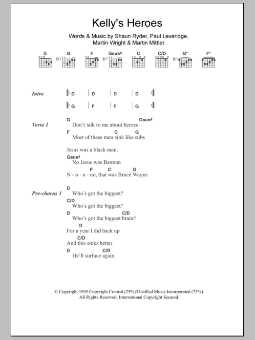 Black Grape Kelly's Heroes sheet music notes and chords arranged for Guitar Chords/Lyrics