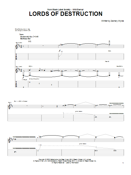 Learn to play Black Label Society Lords Of Destruction sheet music for Guitar Tab in minutes. Price: 7.8900$ Black Label Society Lords Of Destruction sheet music notes and chords arranged for Guitar Tab