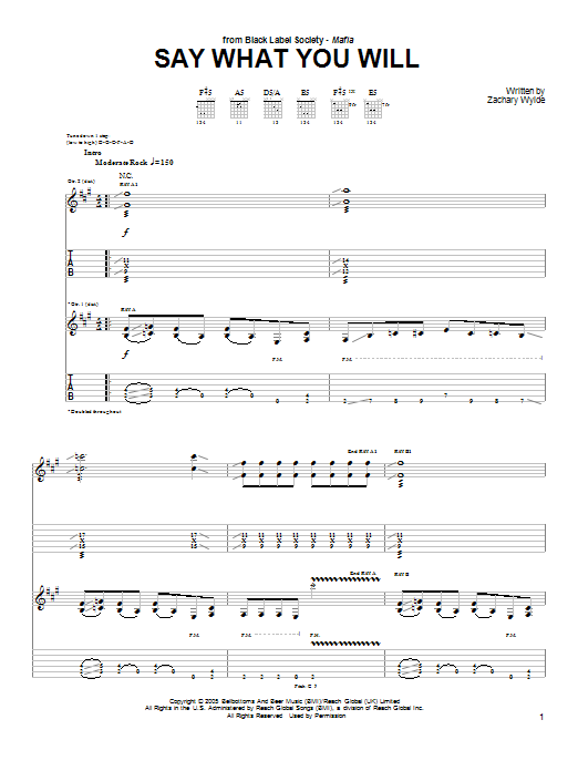 Learn to play Black Label Society Say What You Will sheet music for Guitar Tab in minutes. Price: 7.8900$ Black Label Society Say What You Will sheet music notes and chords arranged for Guitar Tab