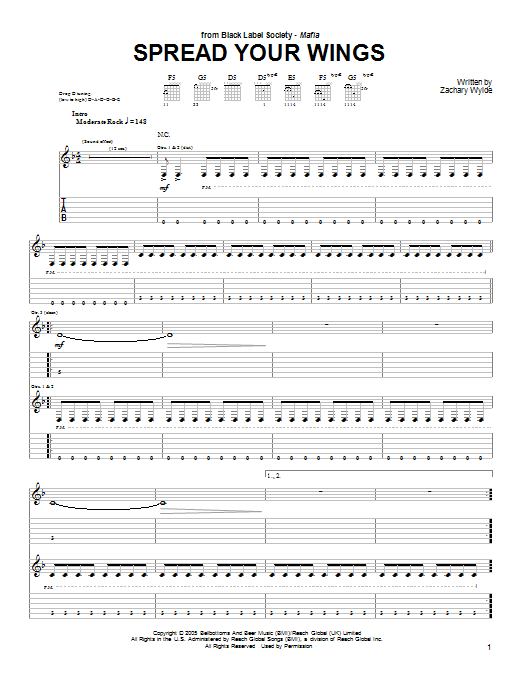 Black Label Society Spread Your Wings sheet music notes and chords. Download Printable PDF.