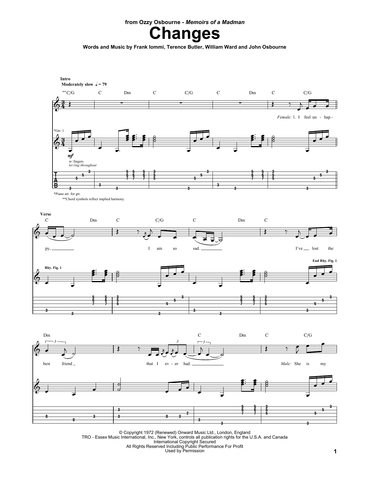 Kelly & Ozzy Osbourne Changes sheet music notes and chords. Download Printable PDF.