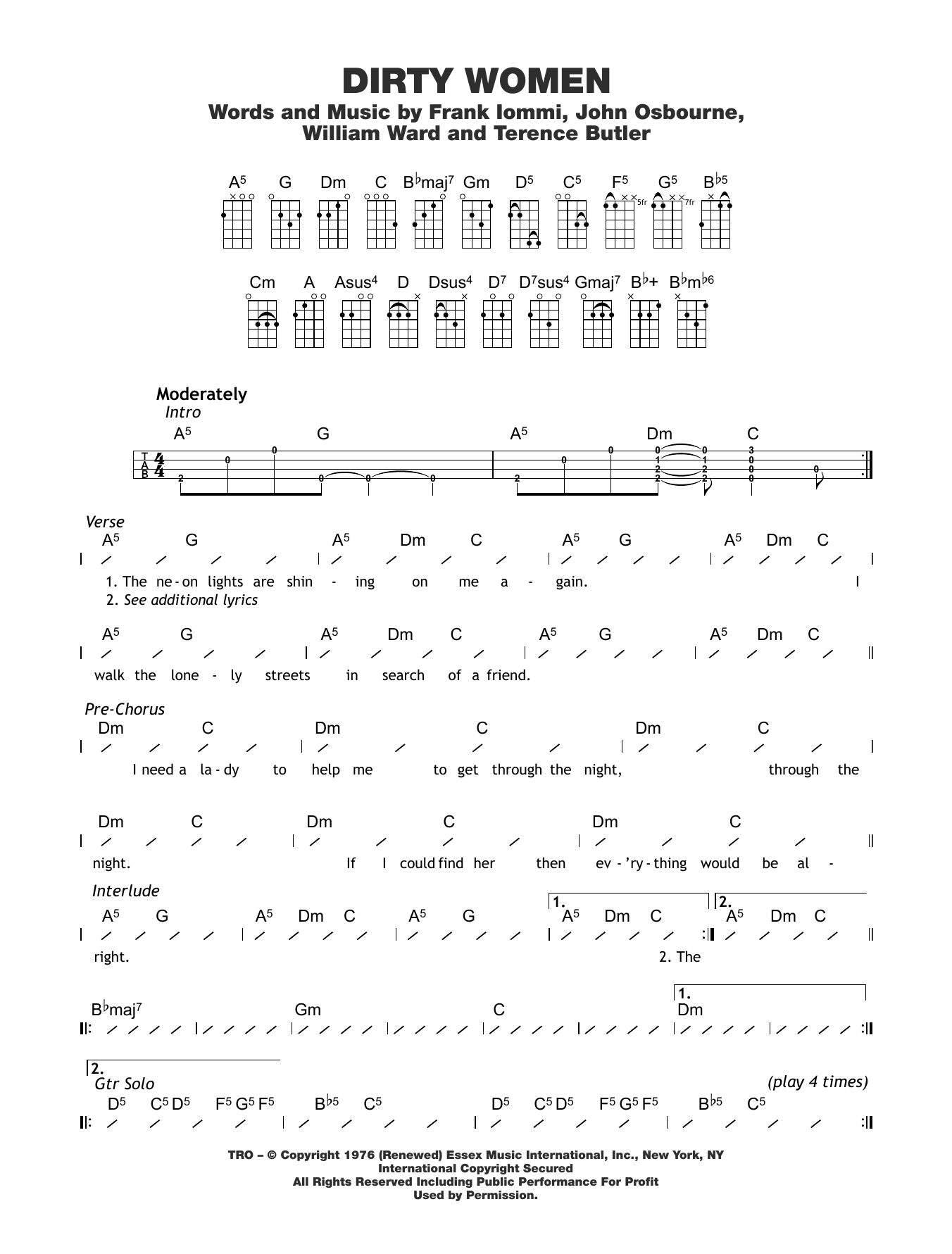 Learn to play Black Sabbath Dirty Women sheet music for Ukulele Chords/Lyrics in minutes. Price: 4.4900$ Black Sabbath Dirty Women sheet music notes and chords arranged for Ukulele Chords/Lyrics
