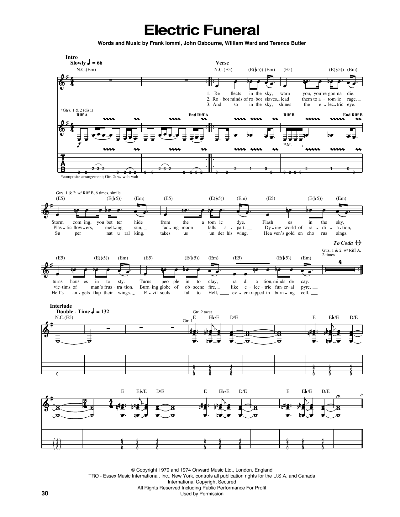 Black Sabbath Electric Funeral sheet music notes and chords. Download Printable PDF.