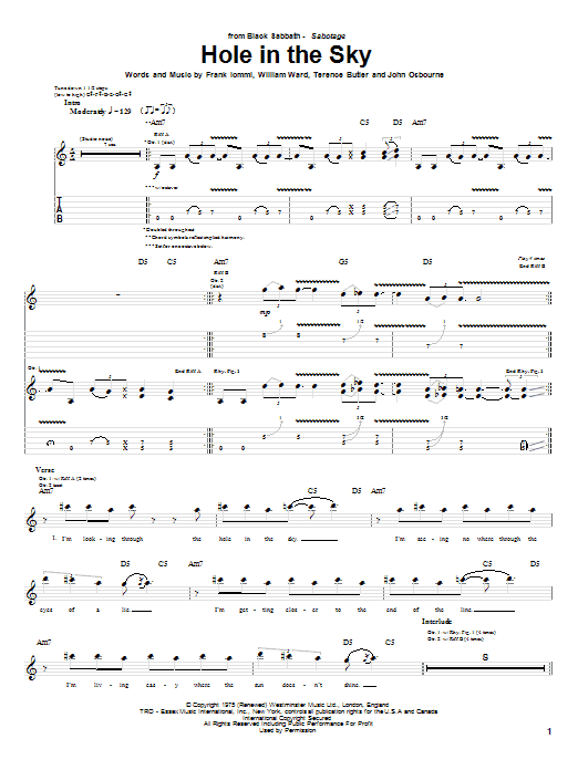 Black Sabbath Hole In The Sky sheet music notes and chords. Download Printable PDF.