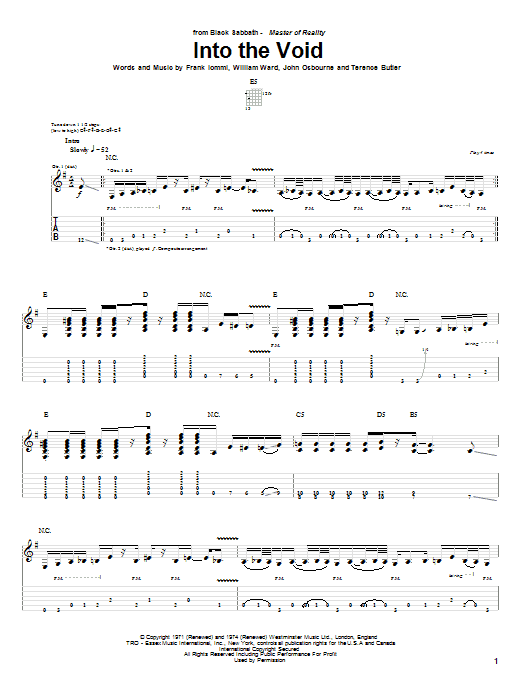 Black Sabbath Into The Void sheet music notes and chords. Download Printable PDF.