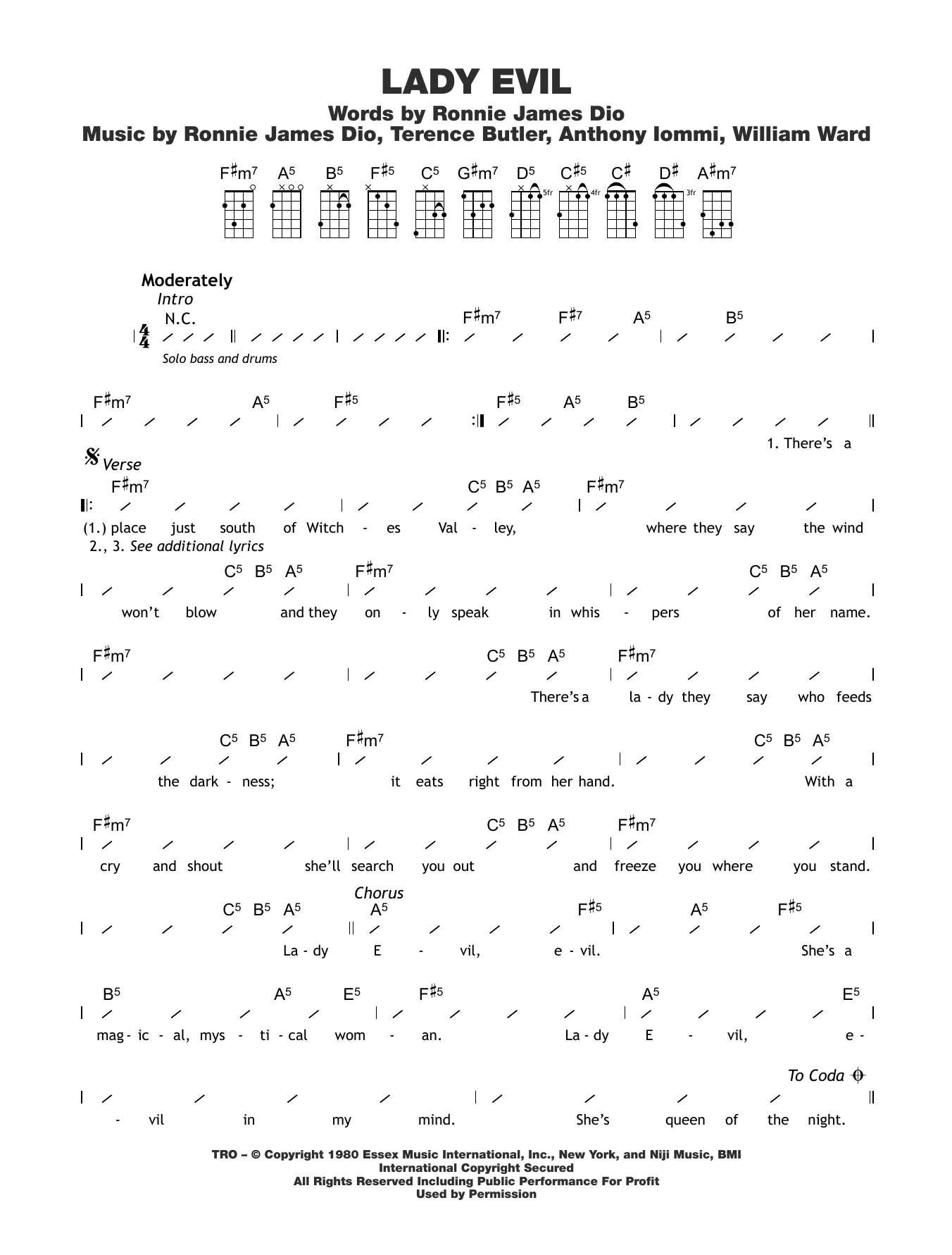 Learn to play Black Sabbath Lady Evil sheet music for Ukulele Chords/Lyrics in minutes. Price: 4.4900$ Black Sabbath Lady Evil sheet music notes and chords arranged for Ukulele Chords/Lyrics