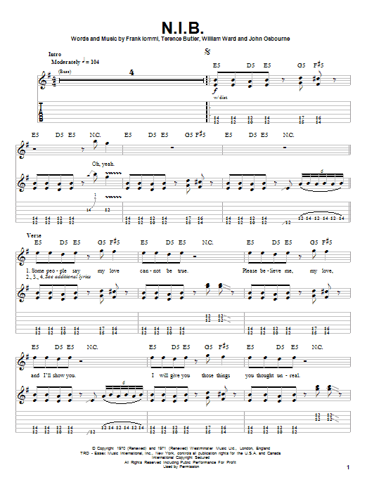 Black Sabbath N.I.B. sheet music notes and chords arranged for Easy Bass Tab