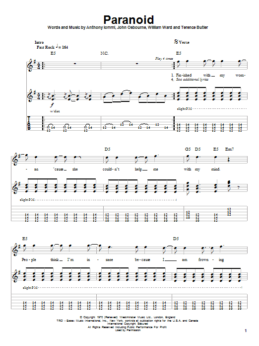 Black Sabbath Paranoid sheet music notes and chords arranged for Easy Bass Tab