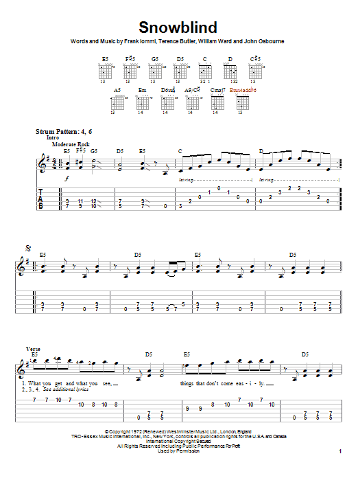 Black Sabbath Snowblind sheet music notes and chords arranged for Ukulele Chords/Lyrics