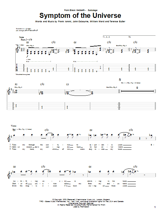 Black Sabbath Symptom Of The Universe sheet music notes and chords. Download Printable PDF.