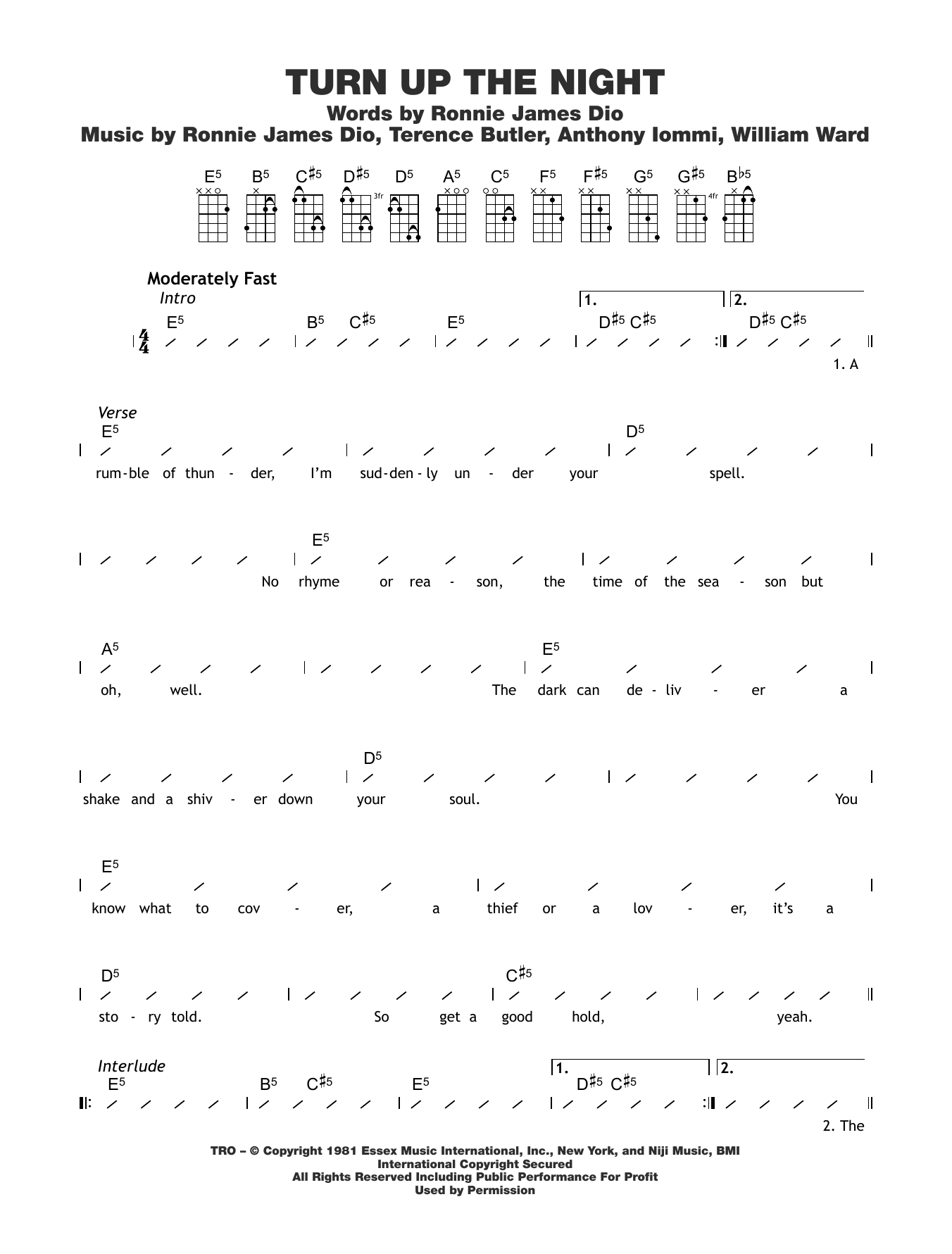 Learn to play Black Sabbath Turn Up The Night sheet music for Ukulele Chords/Lyrics in minutes. Price: 4.4900$ Black Sabbath Turn Up The Night sheet music notes and chords arranged for Ukulele Chords/Lyrics