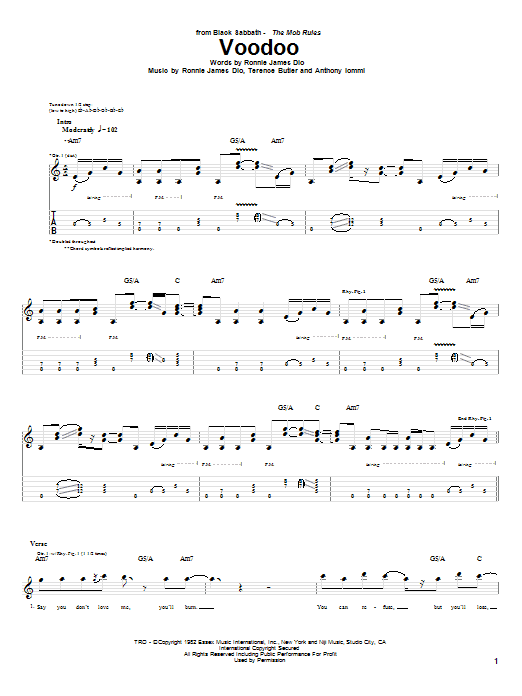 Learn to play Black Sabbath Voodoo sheet music for Guitar Tab in minutes. Price: 7.8900$ Black Sabbath Voodoo sheet music notes and chords arranged for Guitar Tab