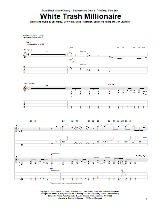 Learn to play Black Stone Cherry White Trash Millionaire sheet music for Guitar Tab in minutes. Price: 7.8900$ Black Stone Cherry White Trash Millionaire sheet music notes and chords arranged for Guitar Tab
