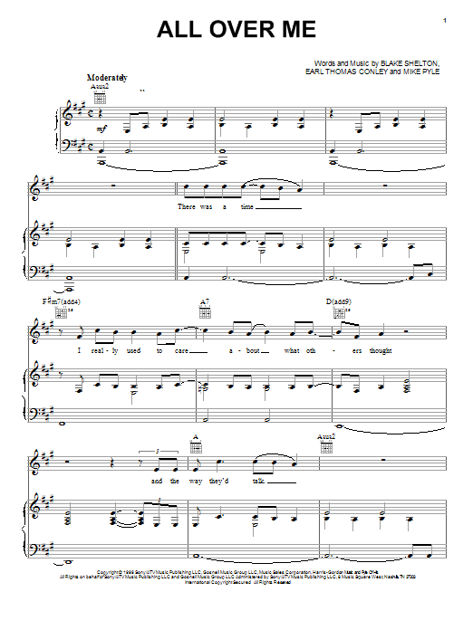Learn to play Blake Shelton All Over Me sheet music for Piano, Vocal & Guitar Chords (Right-Hand Melody) in minutes. Price: 7.8900$ Blake Shelton All Over Me sheet music notes and chords arranged for Piano, Vocal & Guitar Chords (Right-Hand Melody)