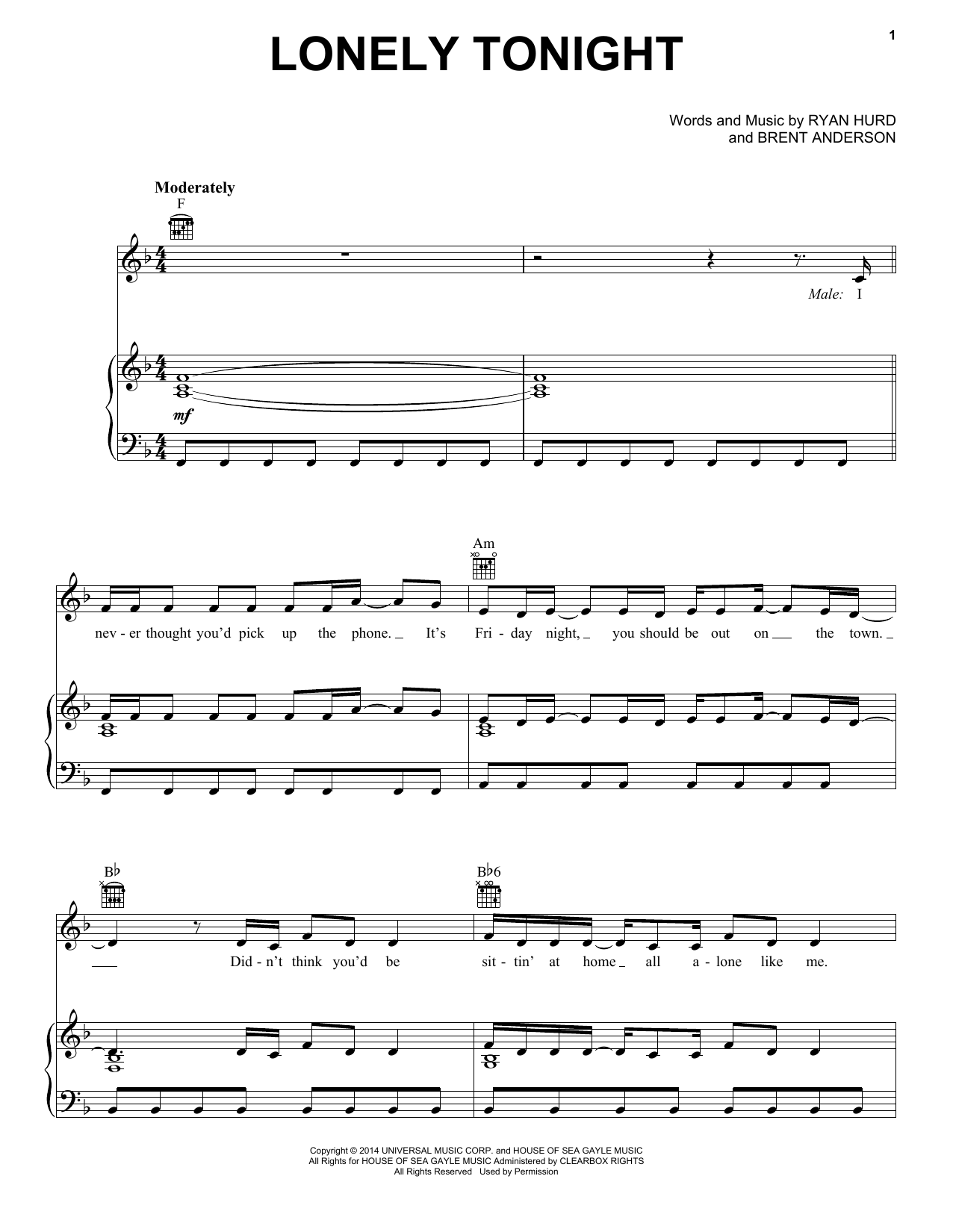 Learn to play Blake Shelton Lonely Tonight (feat. Ashley Monroe) sheet music for Piano, Vocal & Guitar Chords (Right-Hand Melody) in minutes. Price: 7.8900$ Blake Shelton Lonely Tonight (feat. Ashley Monroe) sheet music notes and chords arranged for Piano, Vocal & Guitar Chords (Right-Hand Melody)