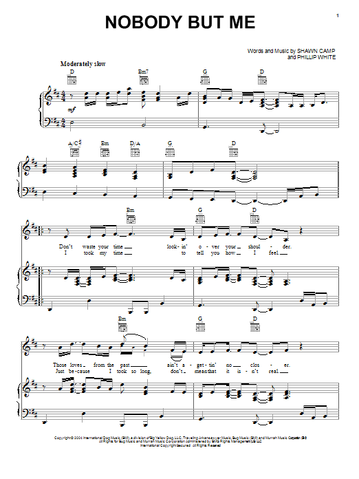Learn to play Blake Shelton Nobody But Me sheet music for Piano, Vocal & Guitar Chords (Right-Hand Melody) in minutes. Price: 7.8900$ Blake Shelton Nobody But Me sheet music notes and chords arranged for Piano, Vocal & Guitar Chords (Right-Hand Melody)