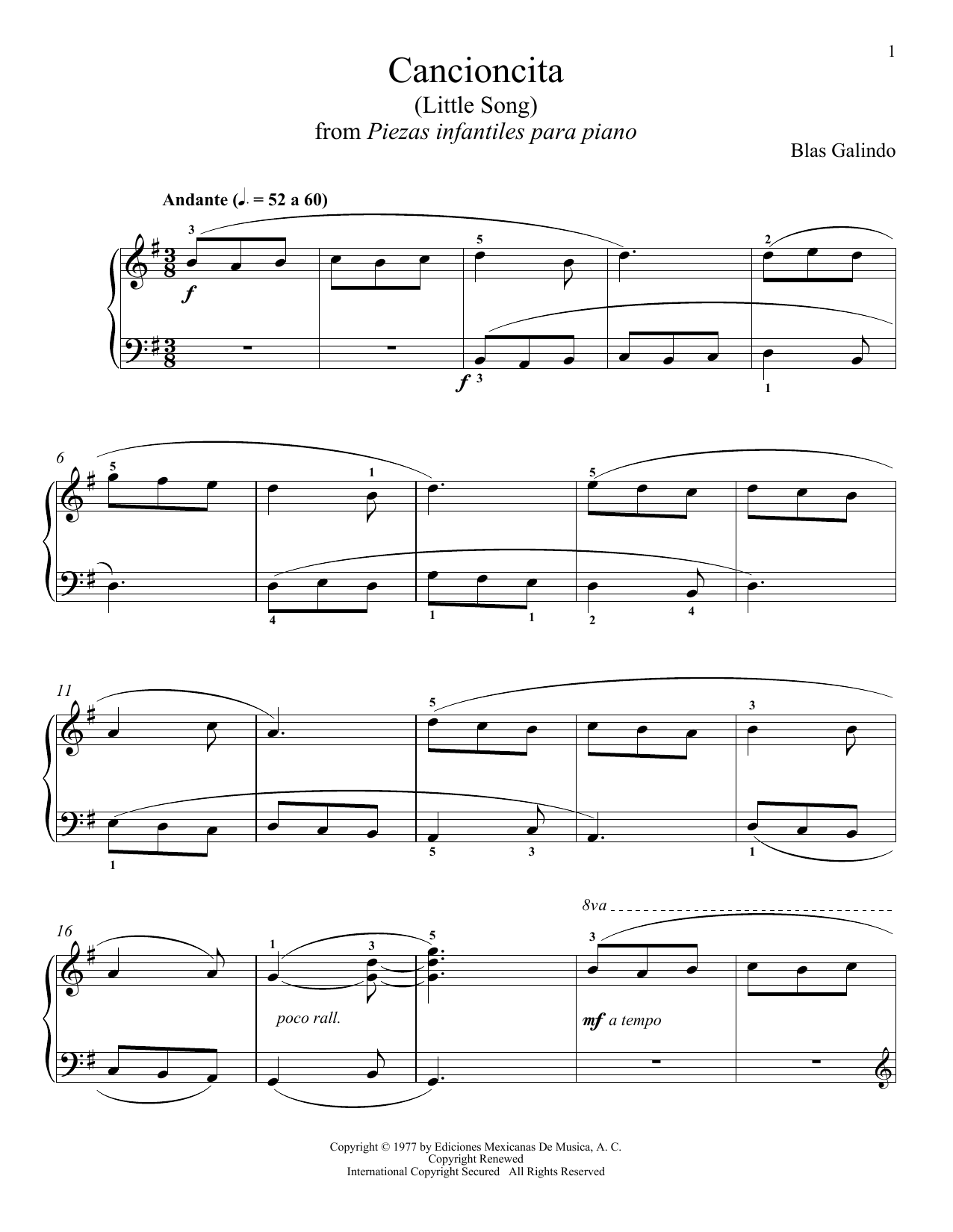Learn to play Blas Galindo Cancioncita sheet music for Piano Solo in minutes. Price: 7.8900$ Blas Galindo Cancioncita sheet music notes and chords arranged for Piano Solo