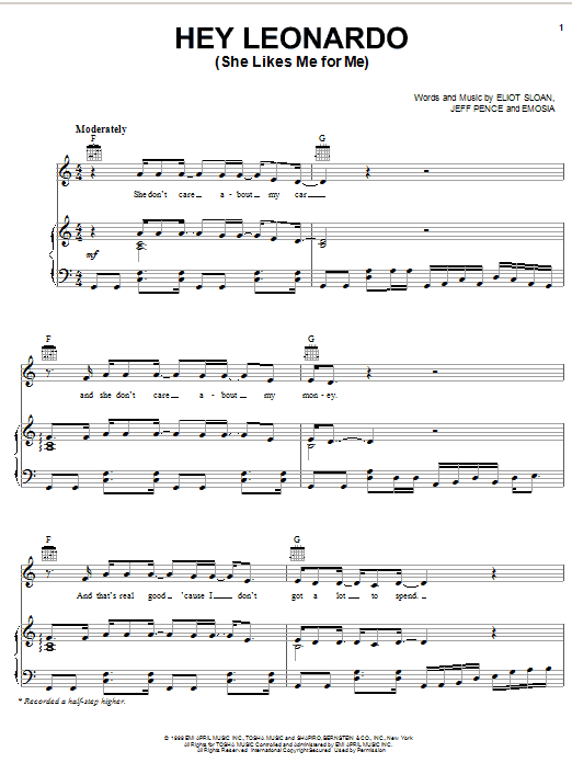 Learn to play Blessid Union Of Souls Hey Leonardo (She Likes Me For Me) sheet music for Piano, Vocal & Guitar Chords (Right-Hand Melody) in minutes. Price: 7.8900$ Blessid Union Of Souls Hey Leonardo (She Likes Me For Me) sheet music notes and chords arranged for Piano, Vocal & Guitar Chords (Right-Hand Melody)