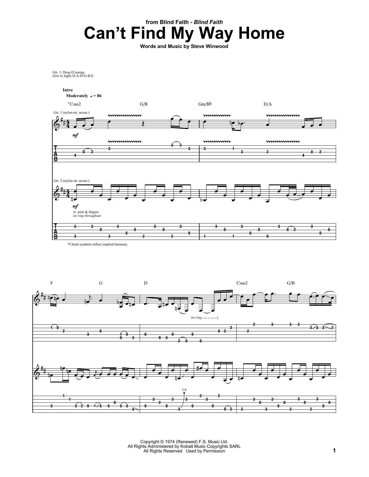 Eric Clapton Can't Find My Way Home sheet music notes and chords. Download Printable PDF.