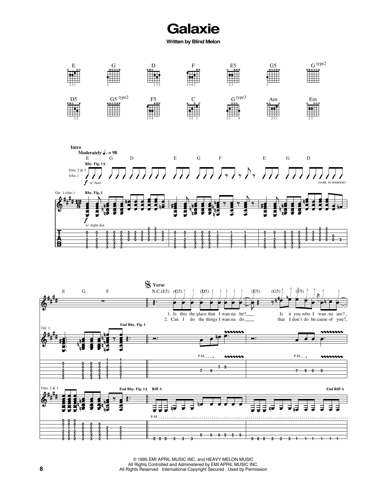 Learn to play Blind Melon Galaxie sheet music for Guitar Tab in minutes. Price: 7.8900$ Blind Melon Galaxie sheet music notes and chords arranged for Guitar Tab