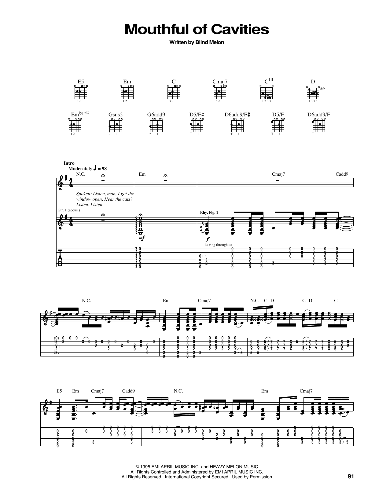 Learn to play Blind Melon Mouthful Of Cavities sheet music for Guitar Tab in minutes. Price: 7.8900$ Blind Melon Mouthful Of Cavities sheet music notes and chords arranged for Guitar Tab