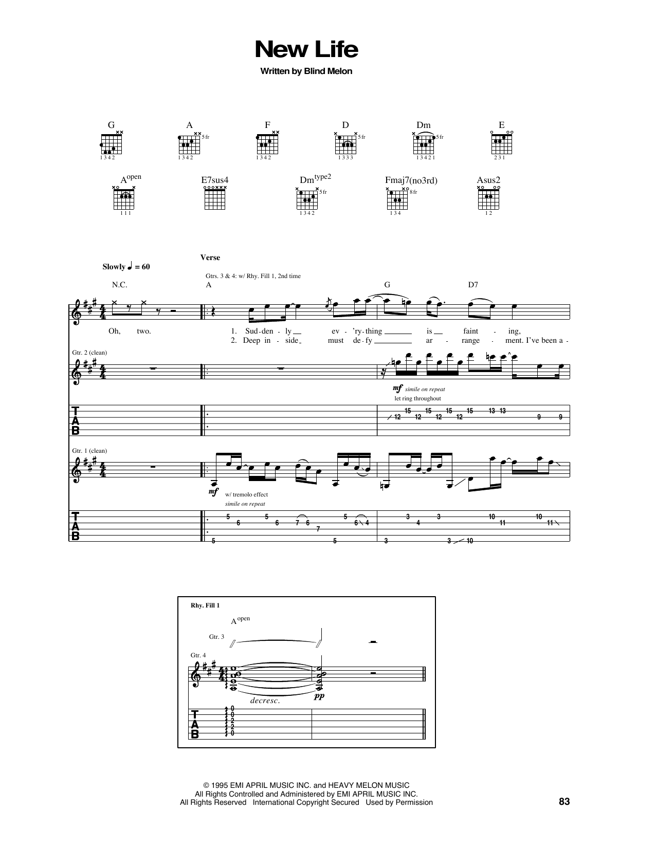 Learn to play Blind Melon New Life sheet music for Guitar Tab in minutes. Price: 7.8900$ Blind Melon New Life sheet music notes and chords arranged for Guitar Tab