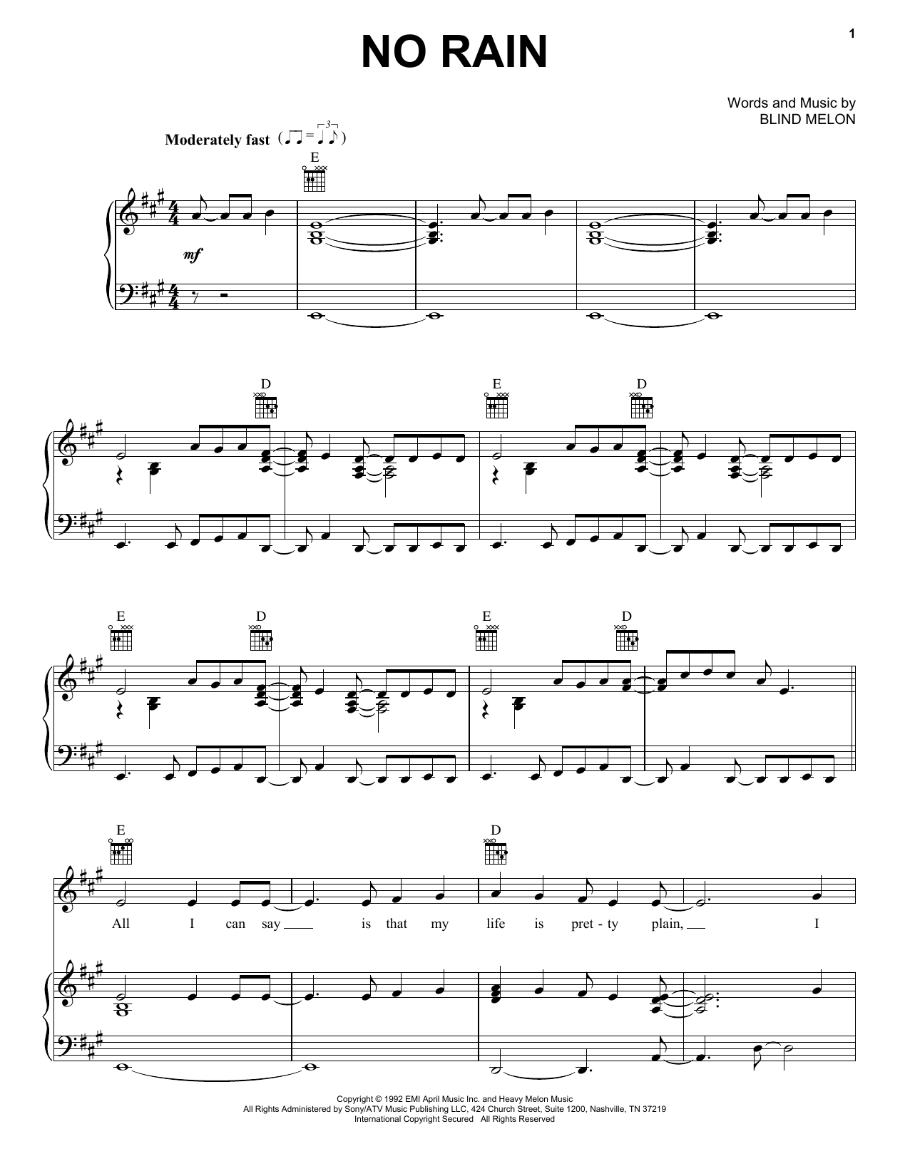 Blind Melon No Rain sheet music notes and chords arranged for Real Book – Melody, Lyrics & Chords