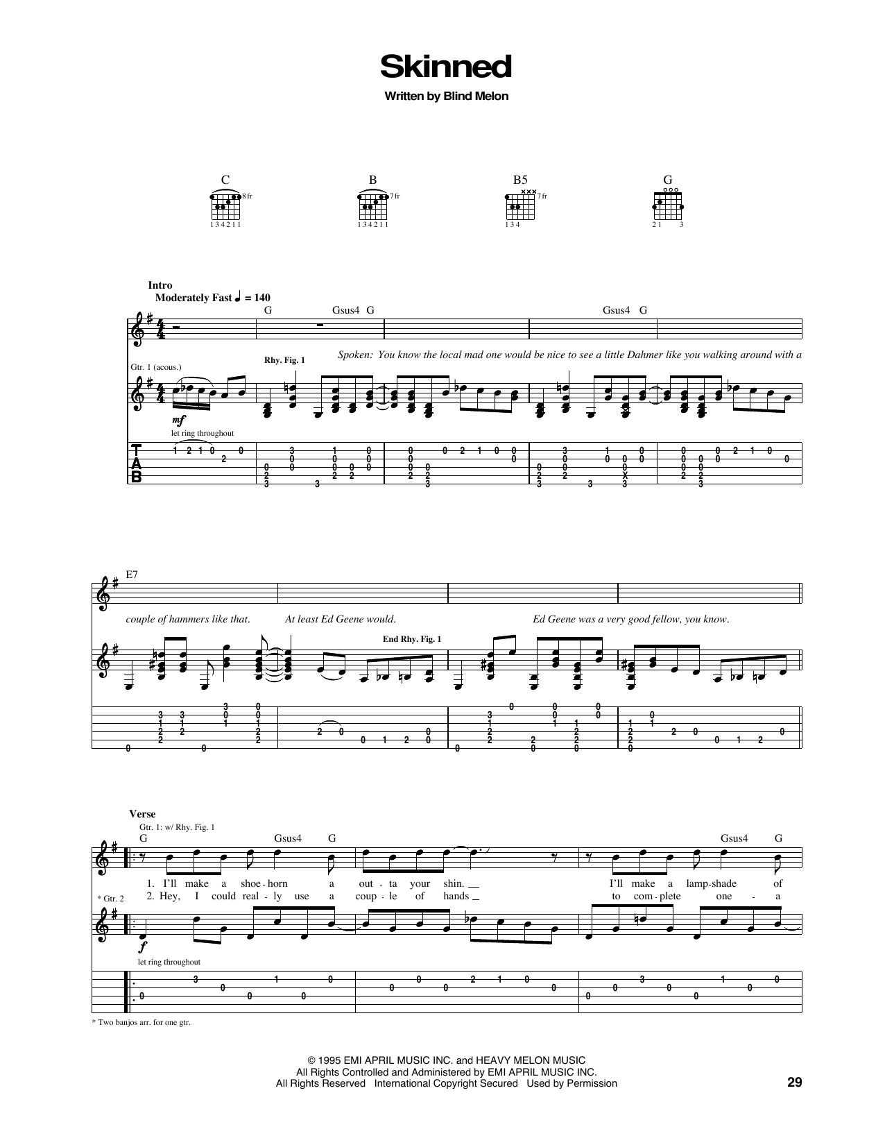 Learn to play Blind Melon Skinned sheet music for Guitar Tab in minutes. Price: 7.8900$ Blind Melon Skinned sheet music notes and chords arranged for Guitar Tab