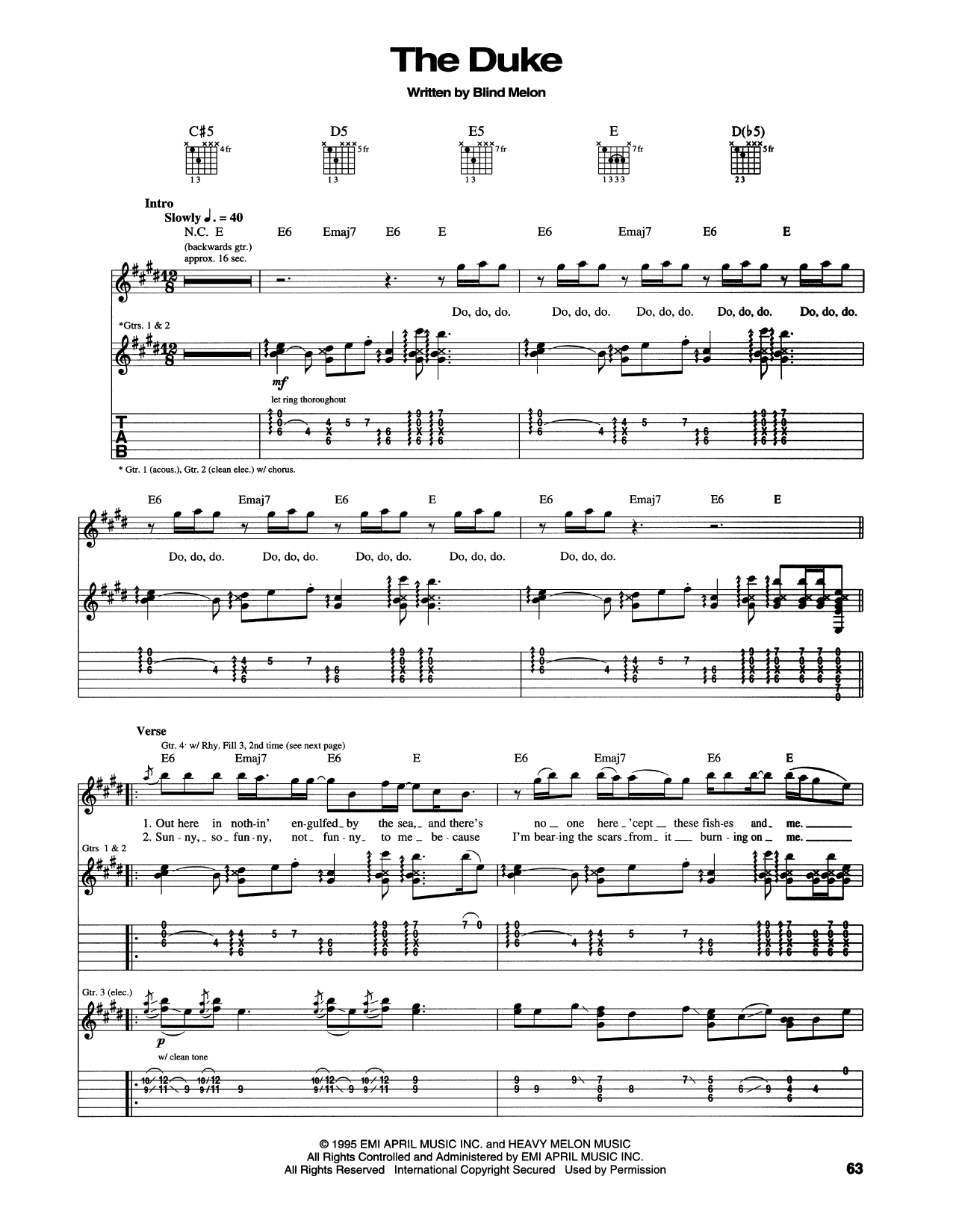 Learn to play Blind Melon The Duke sheet music for Guitar Tab in minutes. Price: 7.8900$ Blind Melon The Duke sheet music notes and chords arranged for Guitar Tab