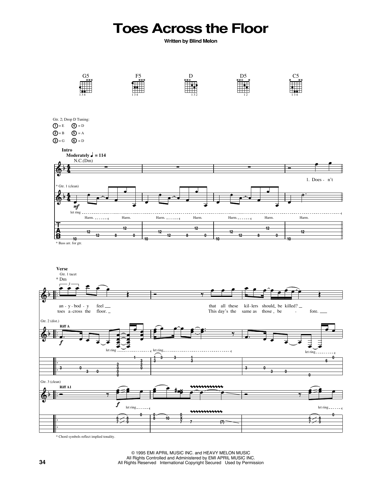 Learn to play Blind Melon Toes Across The Floor sheet music for Guitar Tab in minutes. Price: 7.8900$ Blind Melon Toes Across The Floor sheet music notes and chords arranged for Guitar Tab