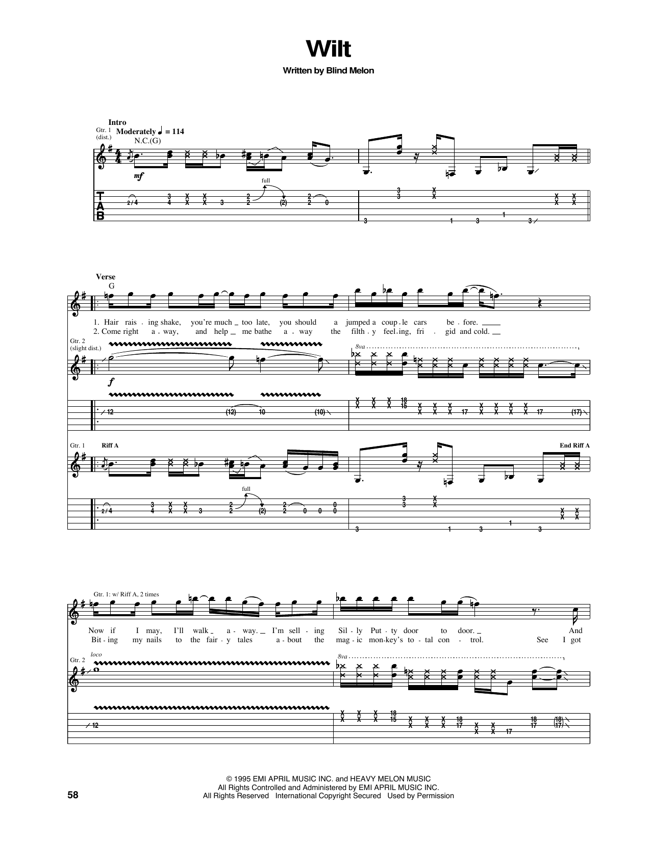 Learn to play Blind Melon Wilt sheet music for Guitar Tab in minutes. Price: 7.8900$ Blind Melon Wilt sheet music notes and chords arranged for Guitar Tab