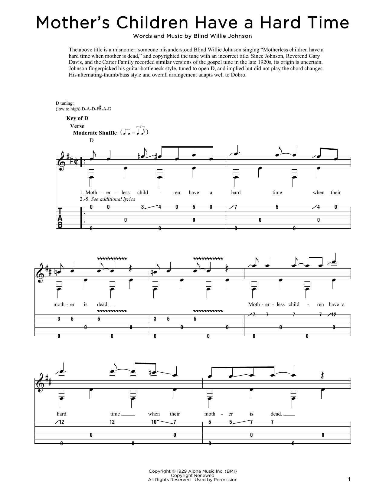 Blind Willie Johnson Mother's Children Have A Hard Time sheet music notes and chords. Download Printable PDF.