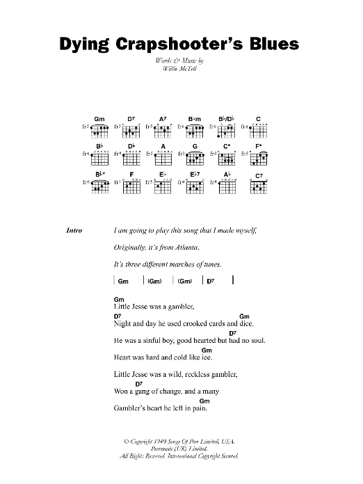 Blind Willie McTell Dying Crapshooter's Blues sheet music notes and chords. Download Printable PDF.