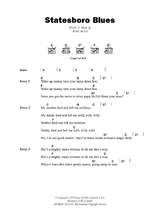 Blind Willie McTell Statesboro Blues sheet music notes and chords. Download Printable PDF.