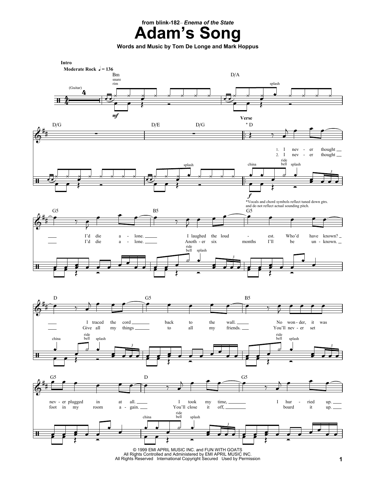 Blink-182 Adam's Song sheet music notes and chords. Download Printable PDF.