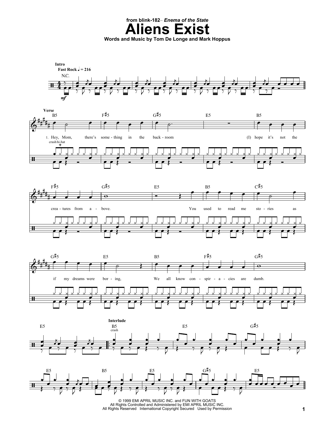 Blink 182 Aliens Exist sheet music notes and chords. Download Printable PDF.