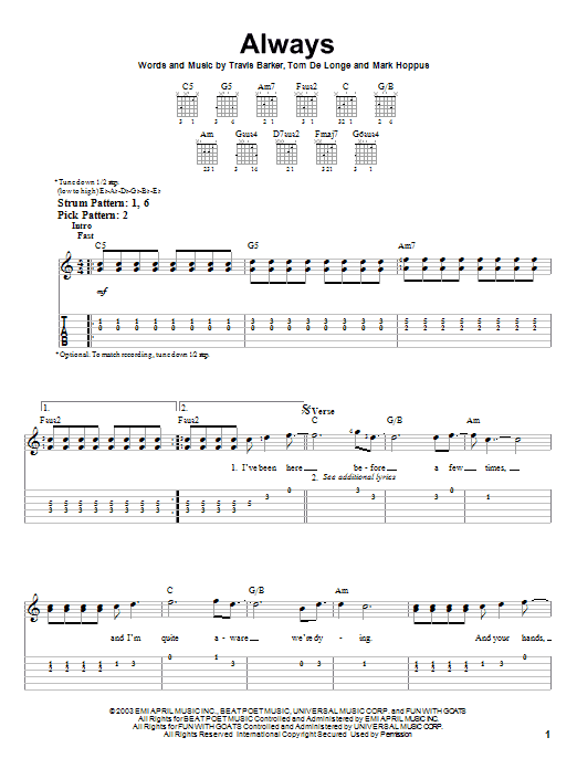 Blink-182 Always sheet music notes and chords. Download Printable PDF.