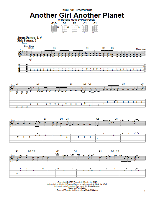 Blink-182 Another Girl Another Planet sheet music notes and chords. Download Printable PDF.