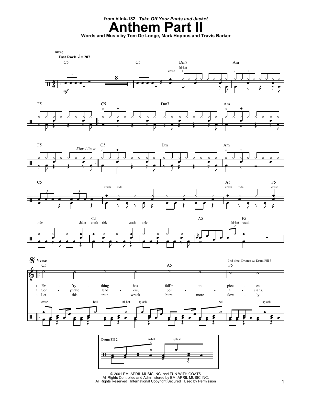 Blink 182 Anthem Part II sheet music notes and chords. Download Printable PDF.