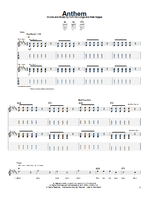 Learn to play Blink-182 Anthem sheet music for Guitar Tab in minutes. Price: 7.8900$ Blink-182 Anthem sheet music notes and chords arranged for Guitar Tab