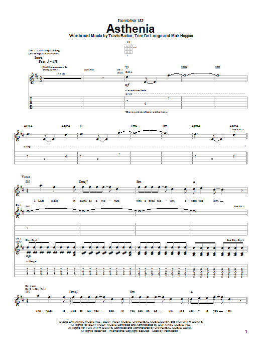 Learn to play Blink-182 Asthenia sheet music for Guitar Tab in minutes. Price: 7.8900$ Blink-182 Asthenia sheet music notes and chords arranged for Guitar Tab