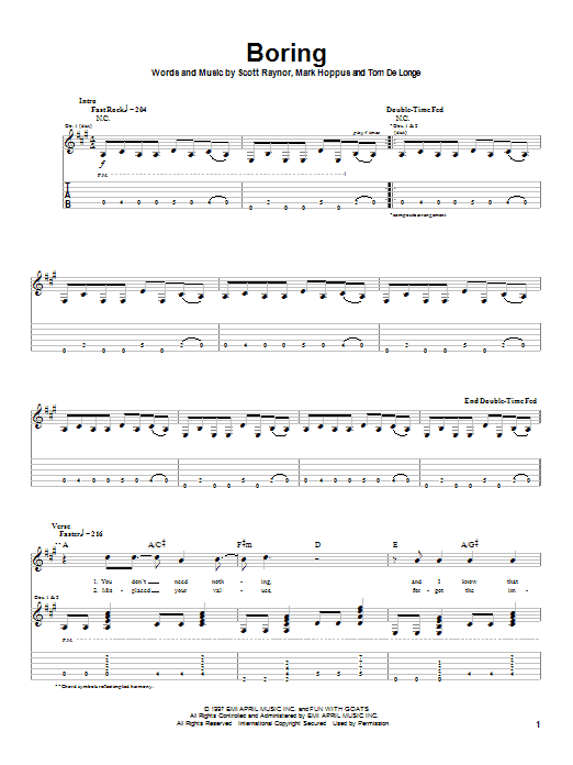 Learn to play Blink-182 Boring sheet music for Guitar Tab in minutes. Price: 7.8900$ Blink-182 Boring sheet music notes and chords arranged for Guitar Tab