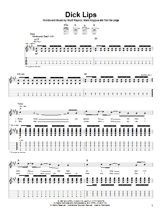 Learn to play Blink-182 Dick Lips sheet music for Guitar Tab in minutes. Price: 7.8900$ Blink-182 Dick Lips sheet music notes and chords arranged for Guitar Tab
