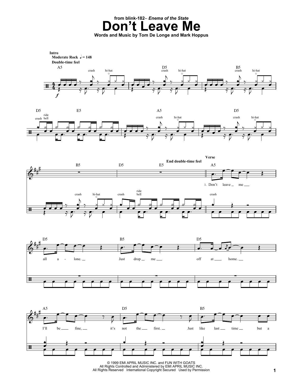 Blink 182 Don't Leave Me sheet music notes and chords. Download Printable PDF.