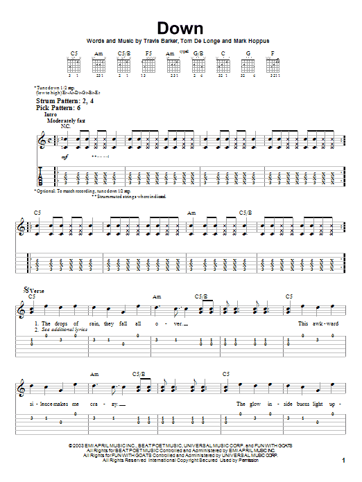 Blink-182 Down sheet music notes and chords. Download Printable PDF.